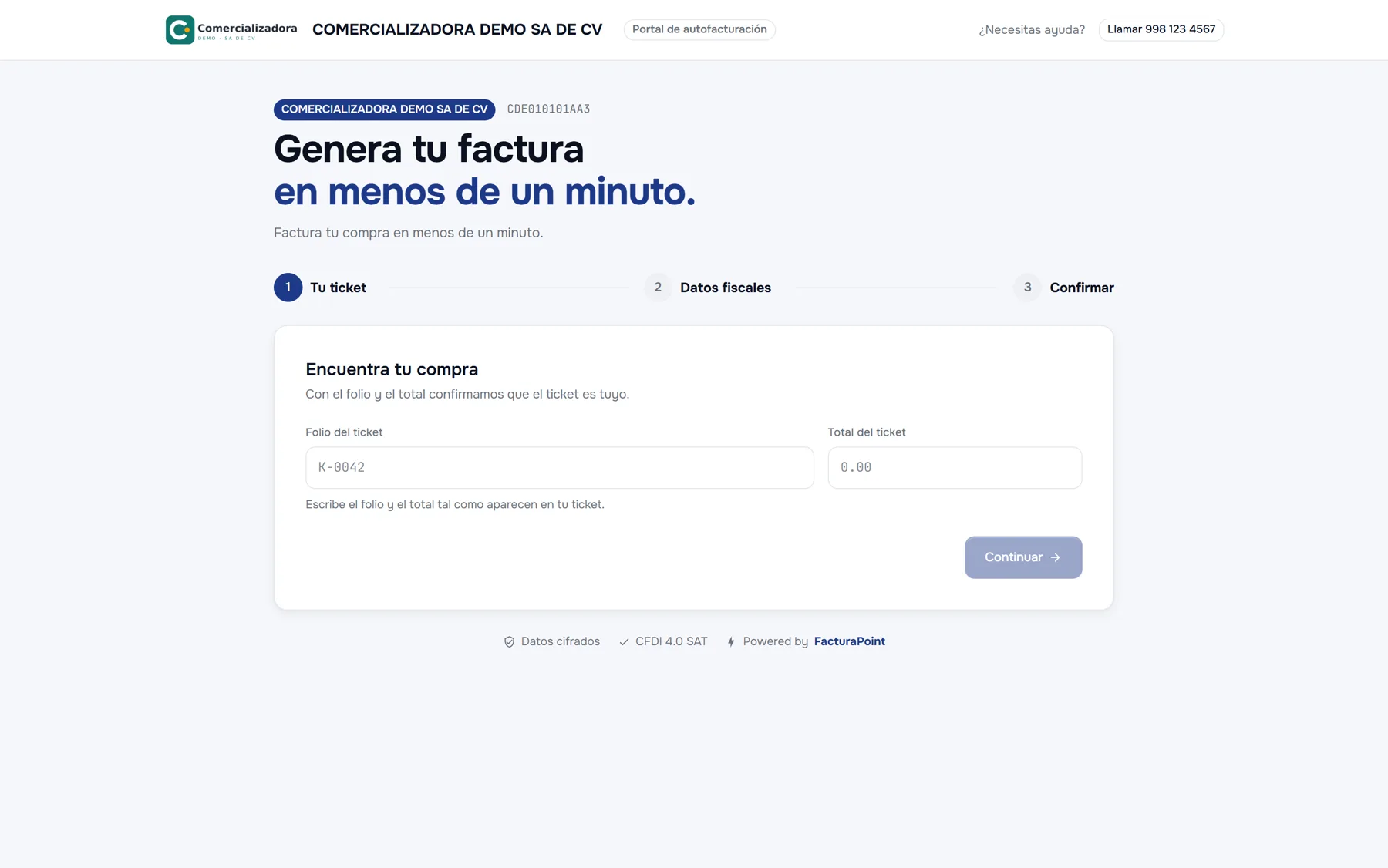Portal público de autofacturación con el folio y el total del ticket